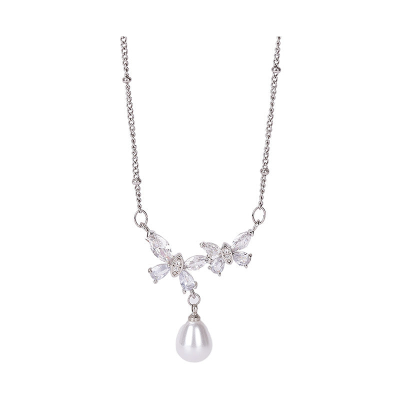 Bow Female Heart Pearl Pendant Clavicle Necklaces