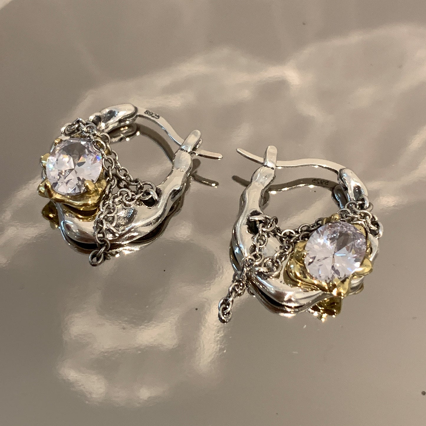 Designer Zircon Gold Sier Contrast Color Chain Earrings