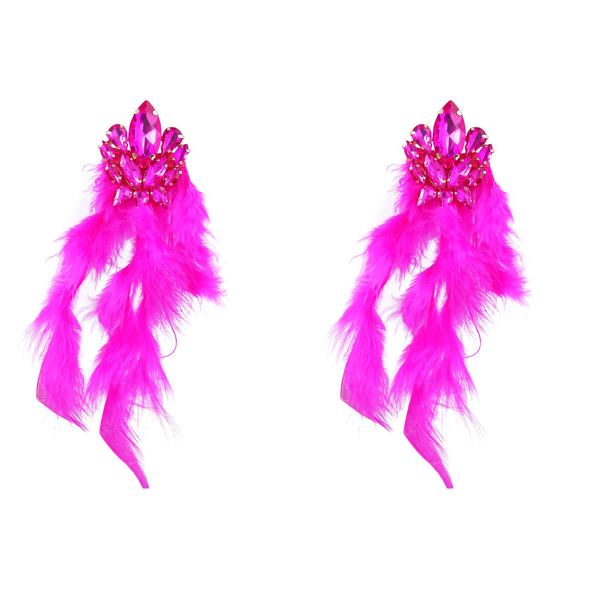 Boucles d'oreilles femme à pompon en plumes longues et fleur de diamant