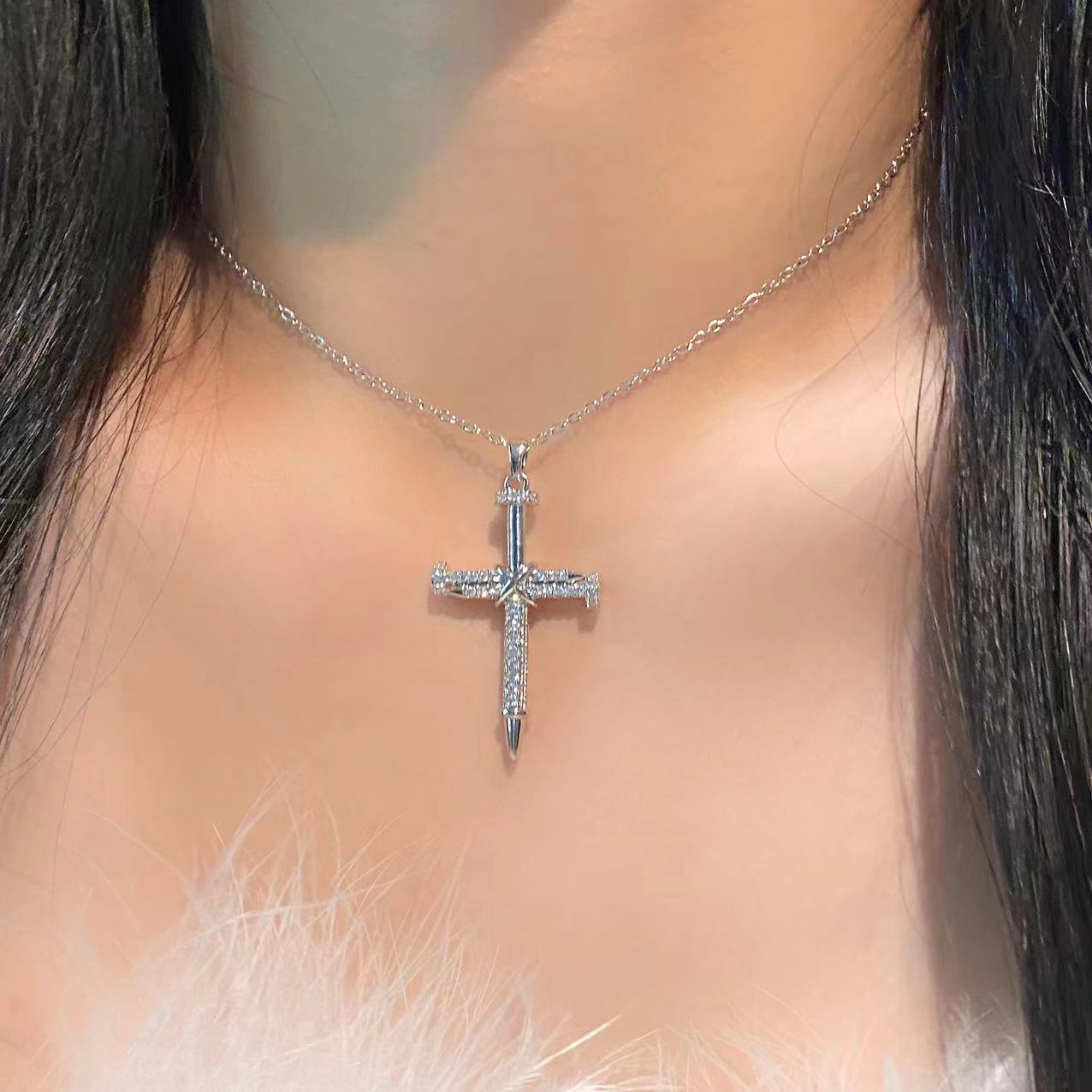 Nail Cross Diamond Inlaid Clavicle Chain Necklace