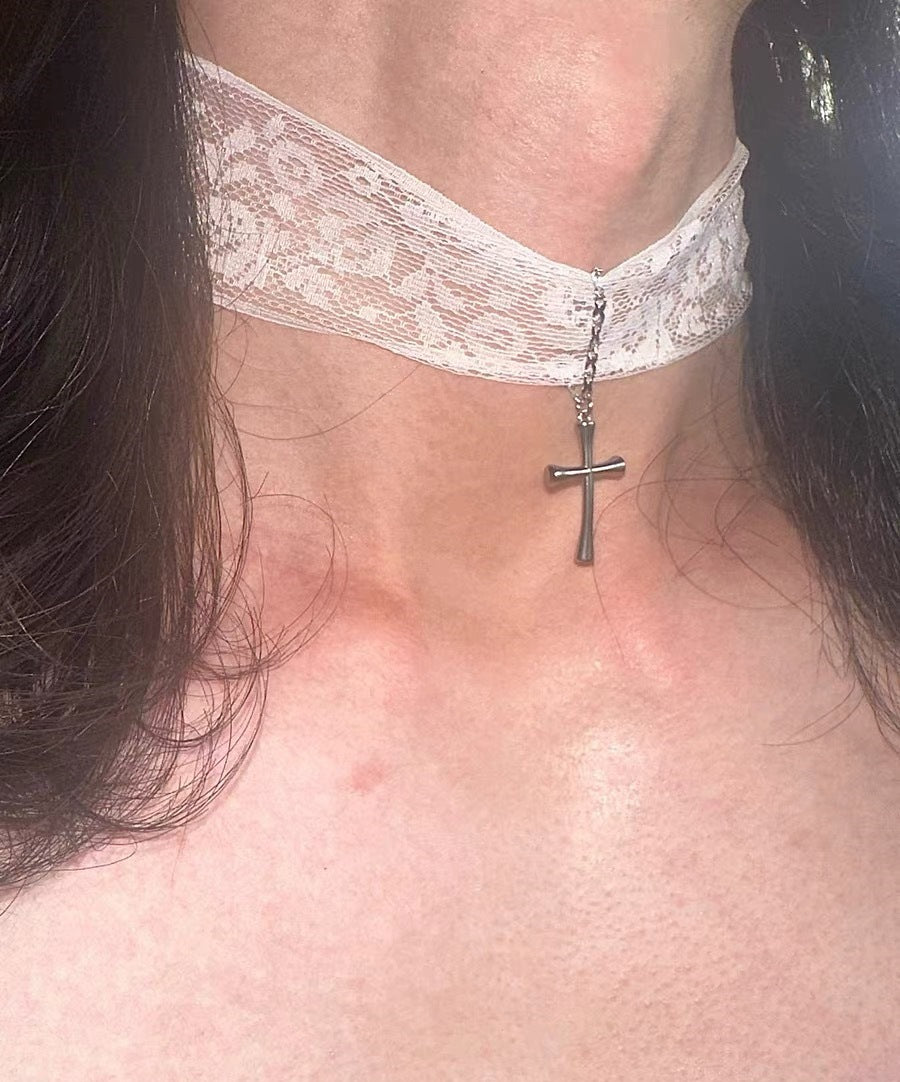 Super Fairy Black White Lace Cross Clavicle High-grade Bow Necklaces