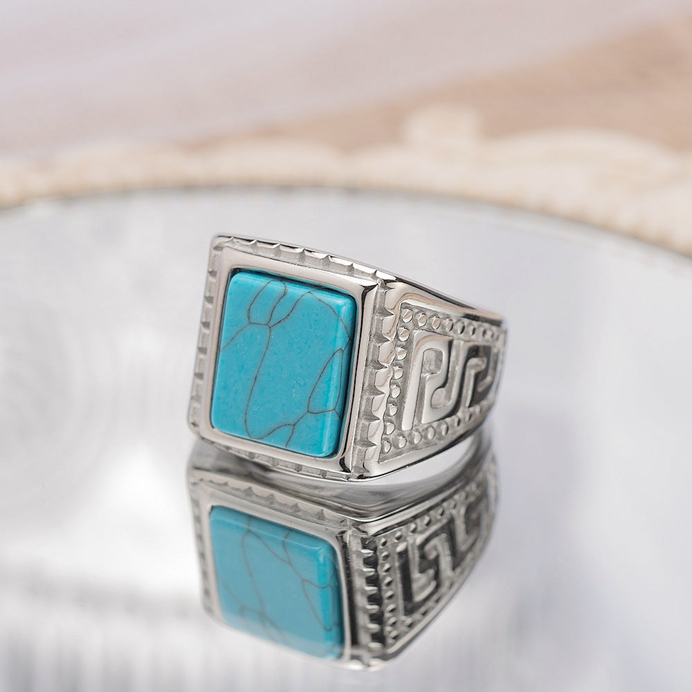 Men's Retro Style Turquoise Titanium Steel Fashion Rings