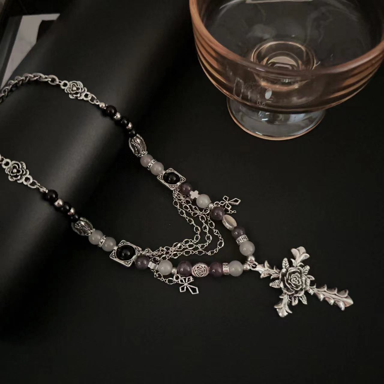 Cross Beaded Flower Female Subculture Punk Goth Necklaces