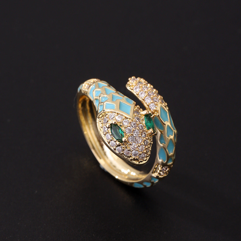 Women's Plated Vintage Green Eye Snake Open Light Rings