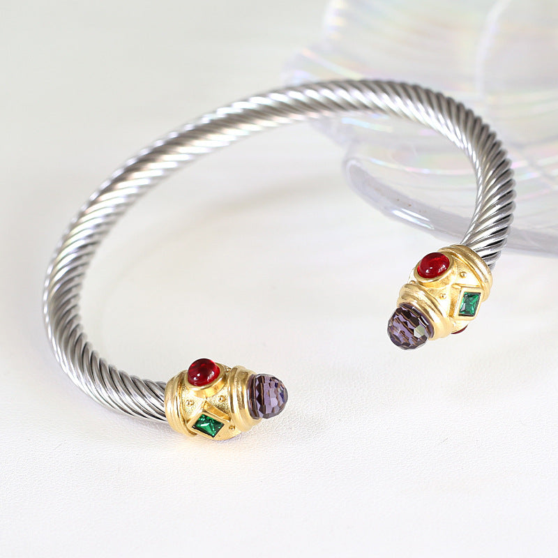 Wire Stainless Twisted Colorful Zircon Couples Openings Bracelet