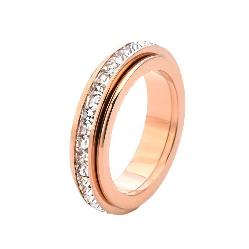 Single Row Square Diamond Rotatable Double Circle Good Luck Comes Ring