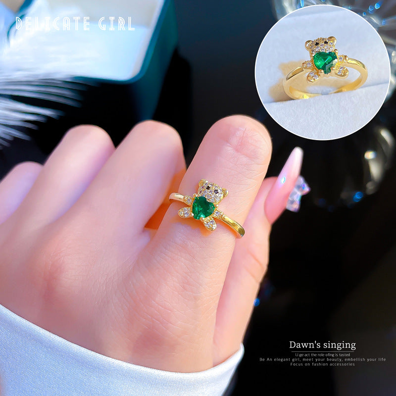 Real Gold Diamond Bear Open Female Minority Simple Rings