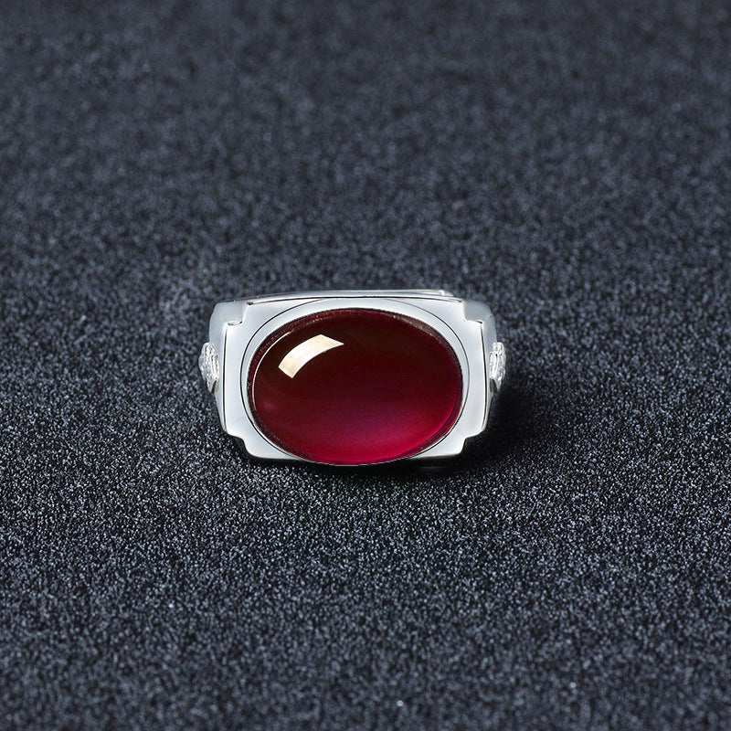 Men's Green Chalcedony High-grade Sense Open Agate Emerald Sier-plated Ring