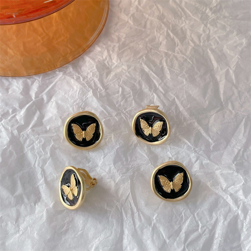 French Retro Butterfly Matte Black Drip Ear Clip Classic Style Rings