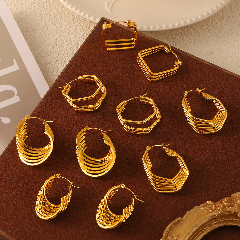 Retro Geometric Twin Style Stitching Design Titanium Rings