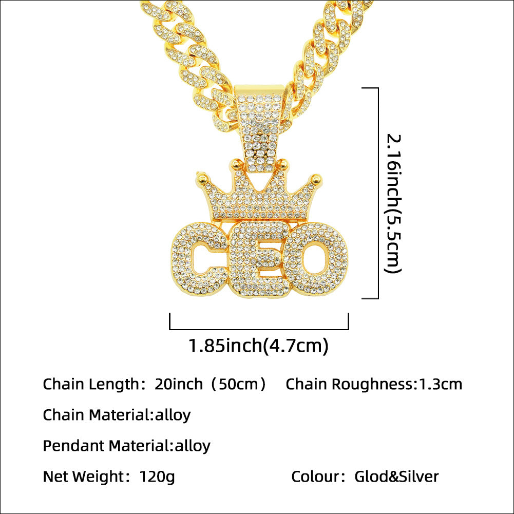 Men's Hip Hop Full Diamond Crown Letters Pendant Cuban Necklaces