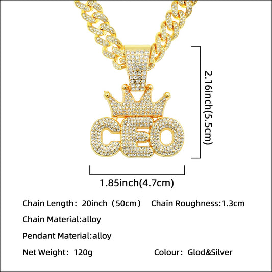 Men's Hip Hop Full Diamond Crown Letters Pendant Cuban Necklaces