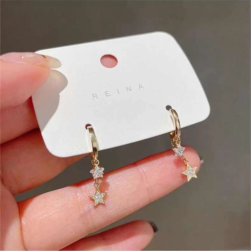 Sier Needle Double Layer Star Tassel Temperament Ear Earrings