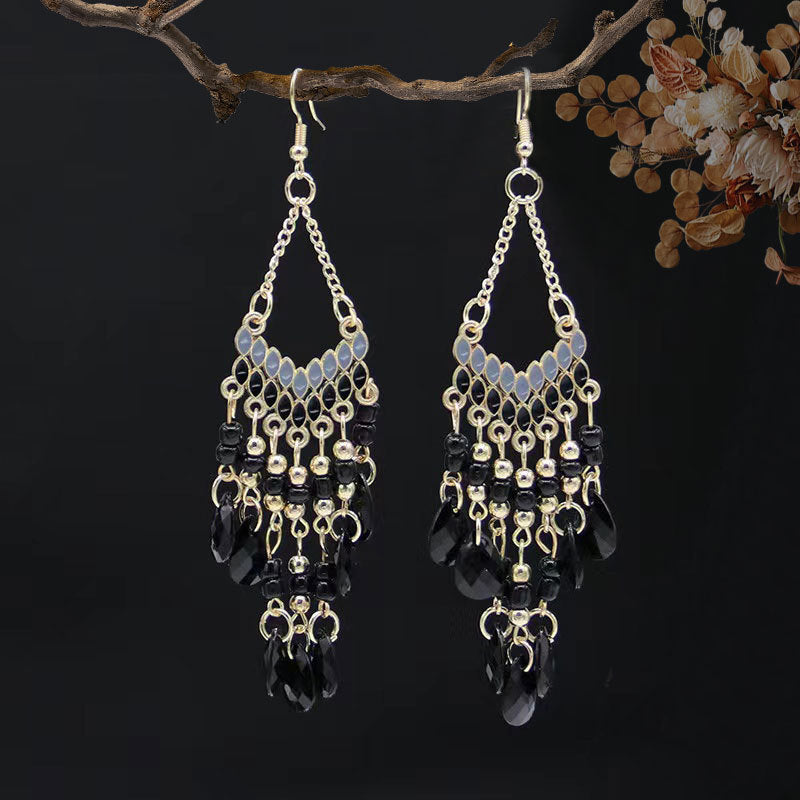 Ethnic Style High-grade Long Beaded Drop Tassel Bohemian Earrings