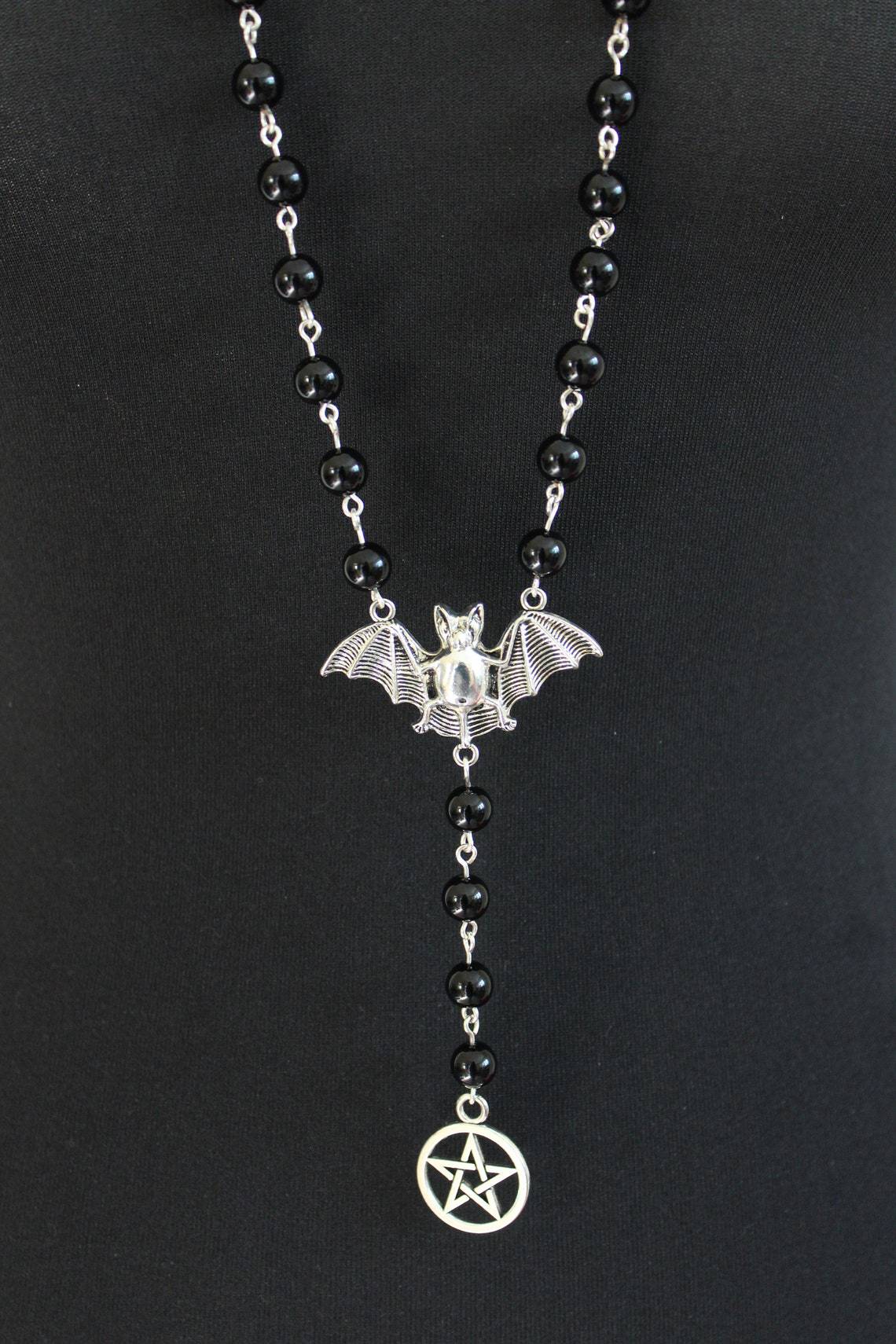 Rosary Gothic Sier Bat Pendant Pagan Necklaces