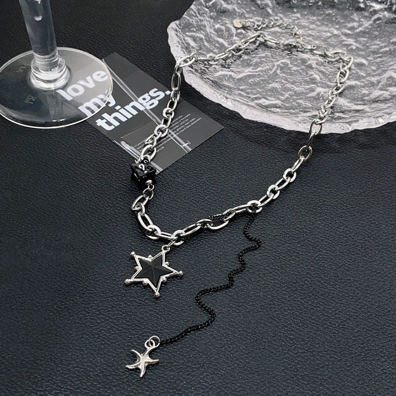 Women's & Men's Black Stitching Stars Clavicle Chain Hip Hop Design Necklaces