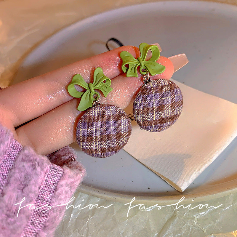 Style Plaid Bow Fashionable Temperament High Earrings