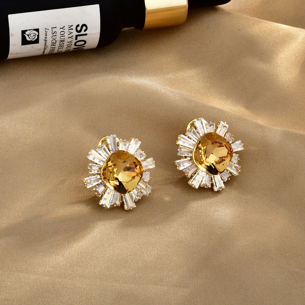 Plating Light Luxury Fashion Full Zirconium Sunflower Super Shiny Refined Earrings