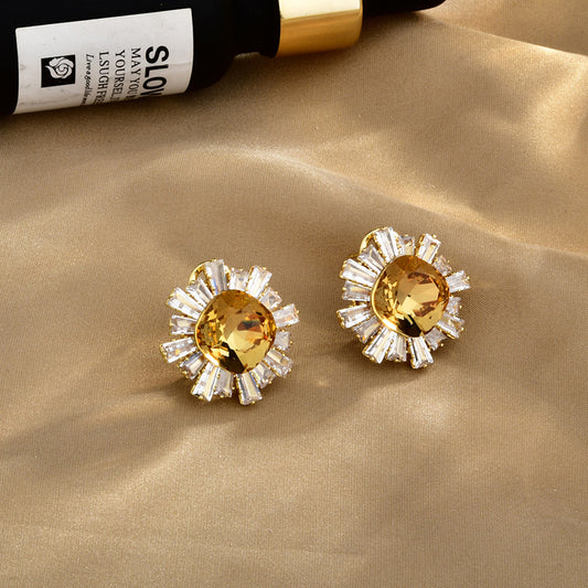 Plating Light Luxury Fashion Full Zirconium Sunflower Super Shiny Refined Earrings