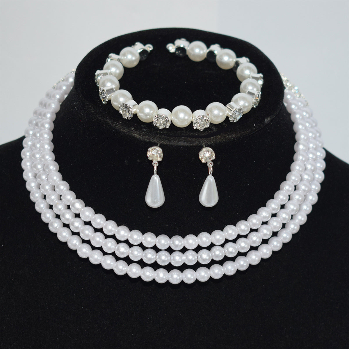 Pearl Diamond Collar Bridal Rhinestone Three-piece Jewelry Set