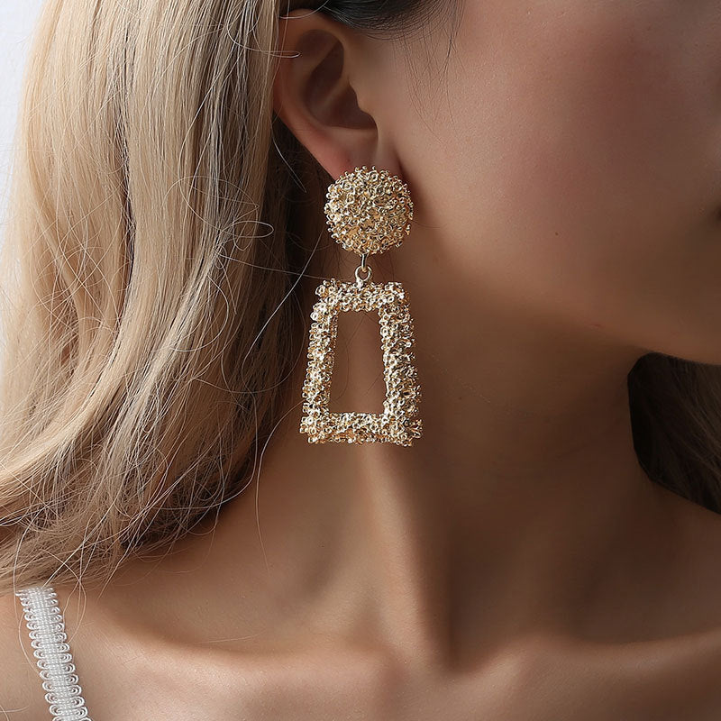 Profile Generous Frosted Hipster Geometric Creative Personality Relief Trapezoidal Long Stud Earrings
