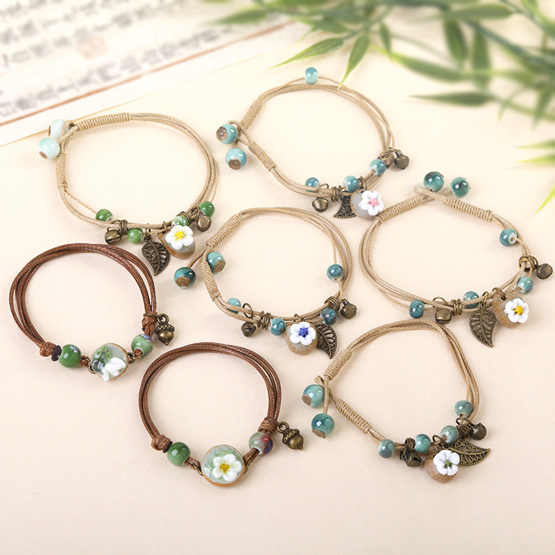 Women's Ceramic Flower Woven Ethnic Artistic Carrying Bracelet