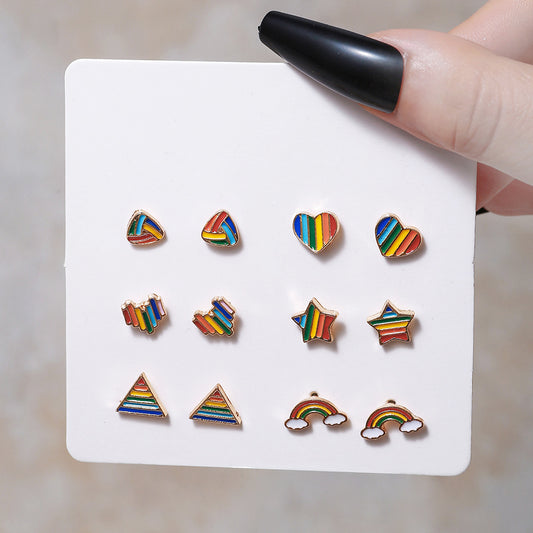 Wind Mini Rainbow Striped Love Heart Earrings