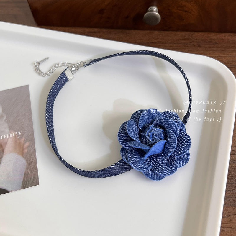 Retro Elegant Three-dimensional Denim Blue Flower Necklaces