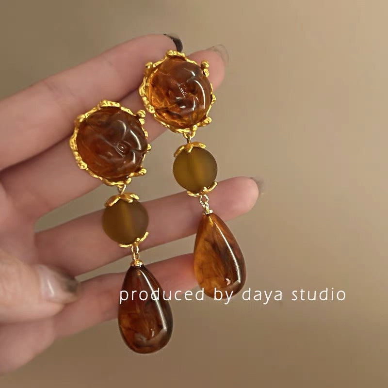 Style Amber Resin Drop-shaped Long Elegant High Earrings