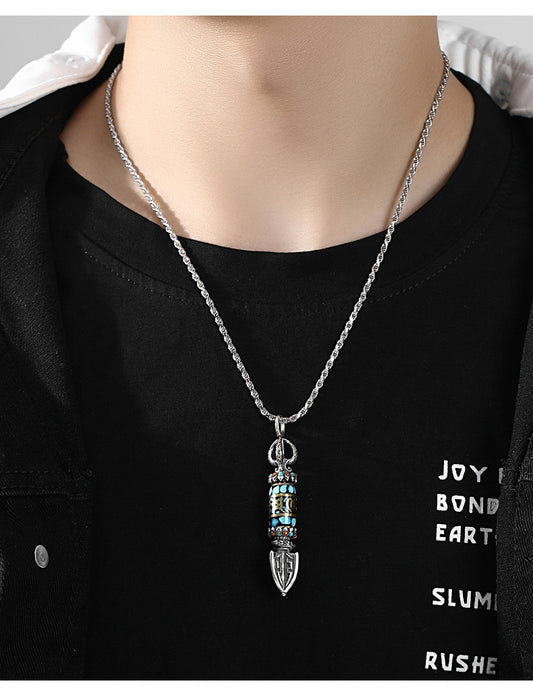 Men's Sier Vajra Pendant Turquoise Six Words Mantra Necklaces