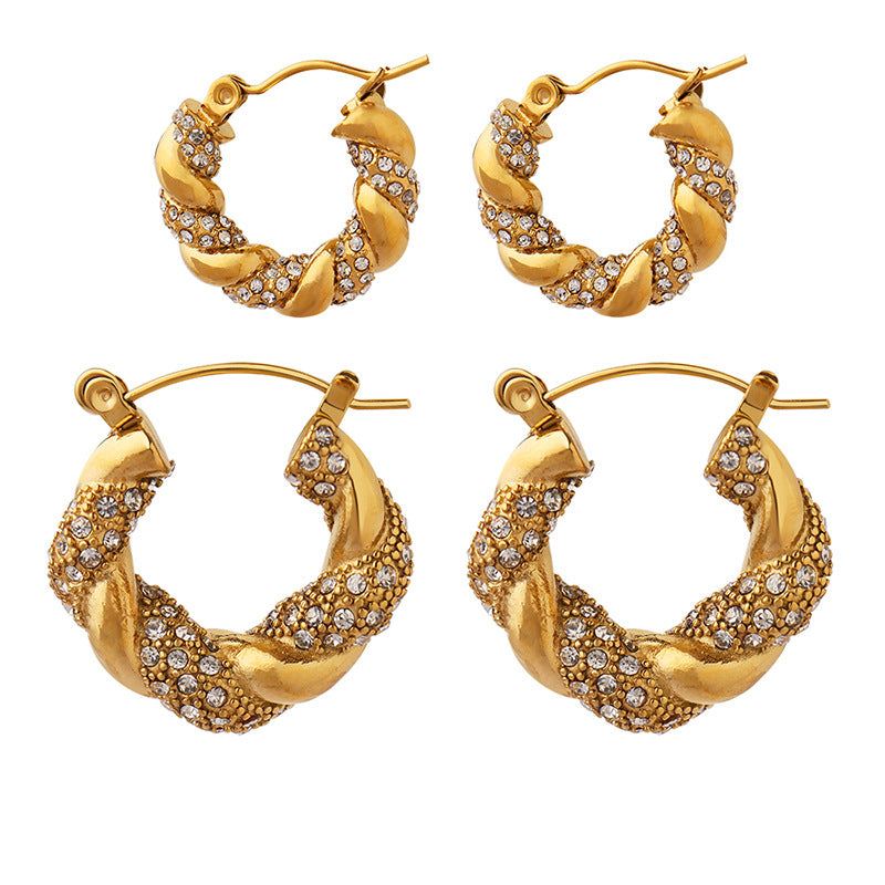 U-shaped Titanium Steel Gold-plated Zircon Twist Earrings