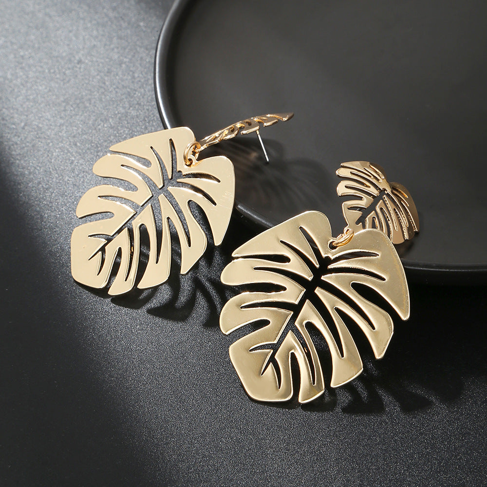 Grandes boucles d'oreilles tendance en métal, double feuille d'arbre