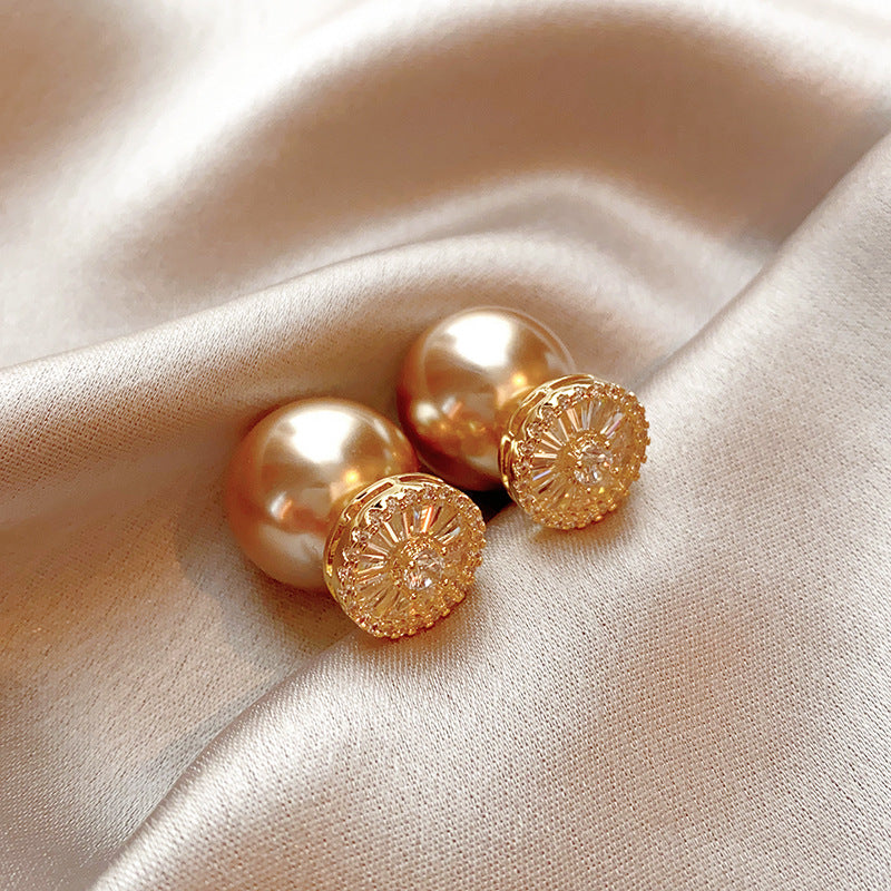 Plated Sier Needle Zircon Flower Champagne Pearl Fashionable Earrings