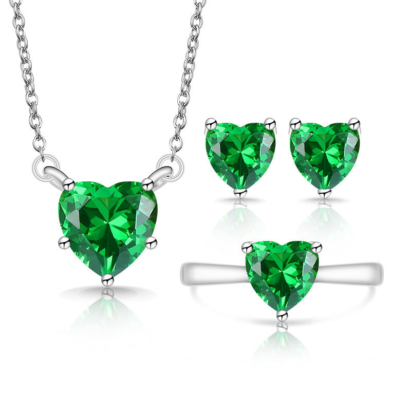 Fashion Trendy Heart-shaped Zircon Colored Gems Korean Style Love Crystal Jewelry Set