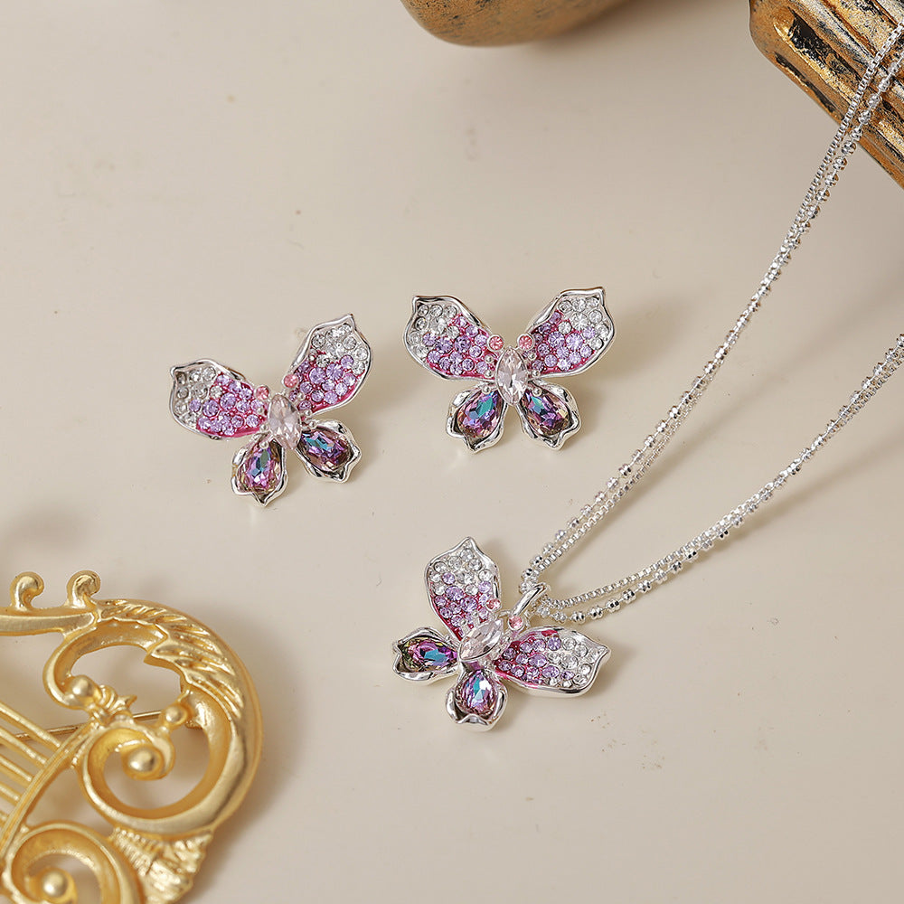 Women's Sparkling Full Rhinestone Zircon Butterfly Bow Light Luxury High Fashion Jewelry Set