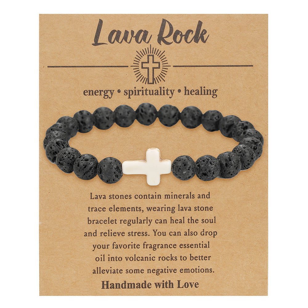 Cross Natural Stone Beaded Tigereye Volcanic Rock Adjustable Bracelet