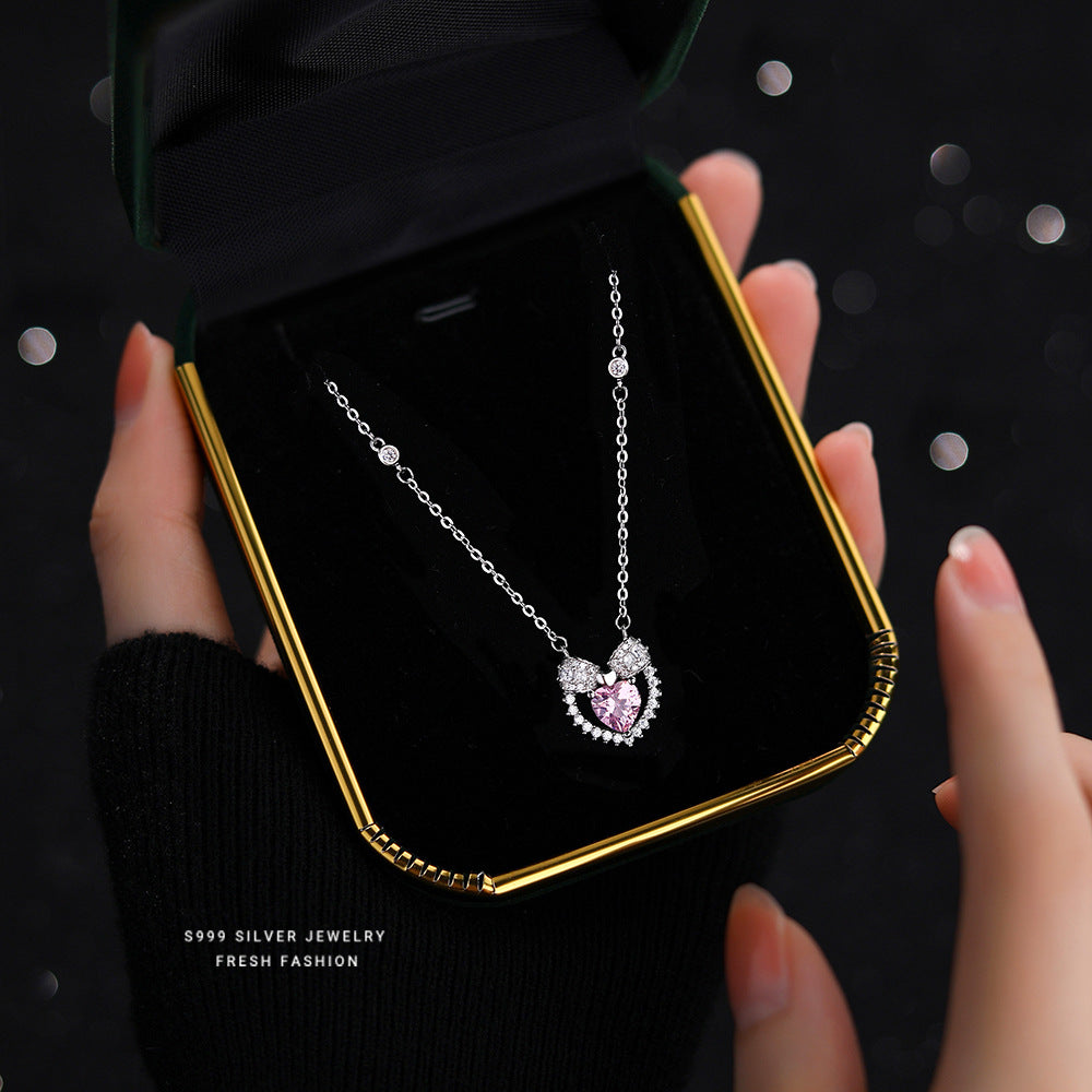 Women's Sterling Sier Pink Heart-shaped Zircon Affordable Necklaces