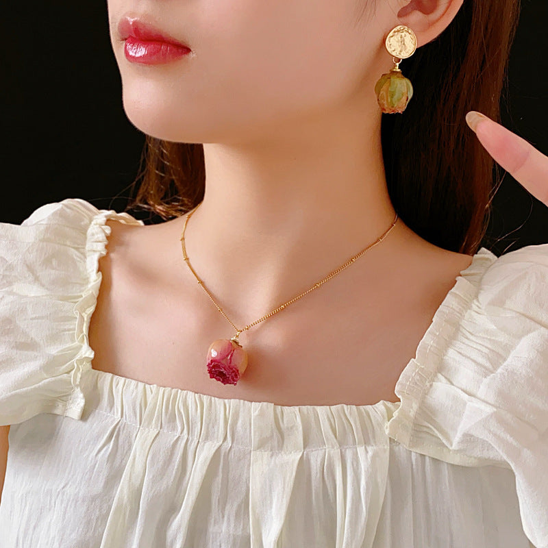 Women's Retro Handmade Real Flower Eternal Bud Sier Pin Fashionable Elegant Rings