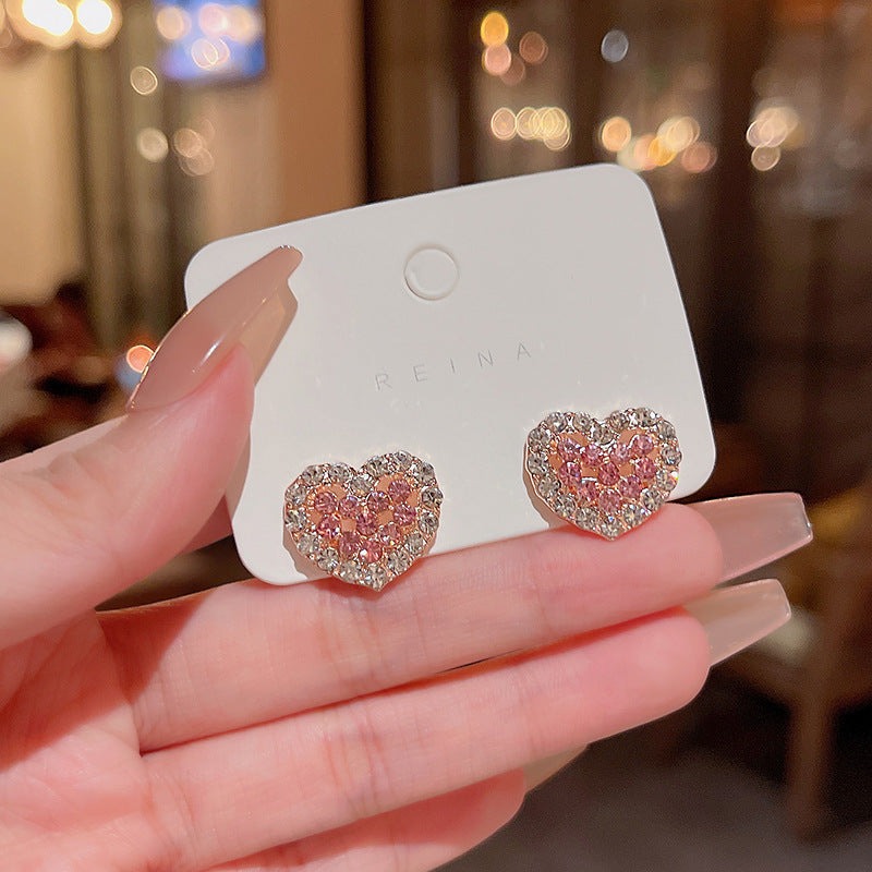 Minority Simple Pink Heart-shaped Zircon Sier Earrings