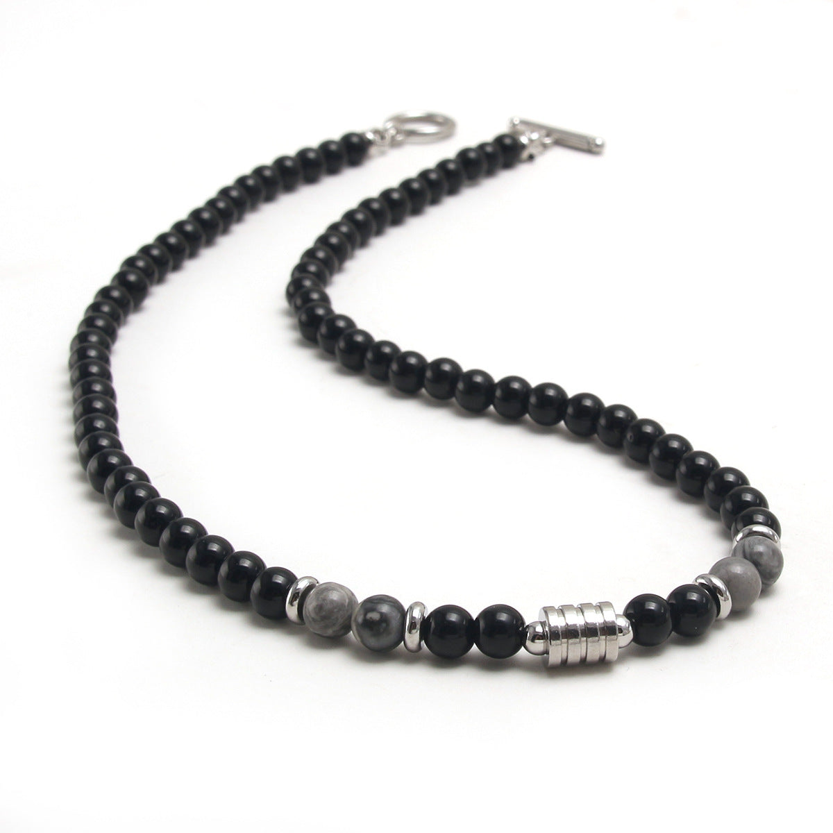 Steel Natural Tigereye Map Stone Obsidian Beaded Necklace