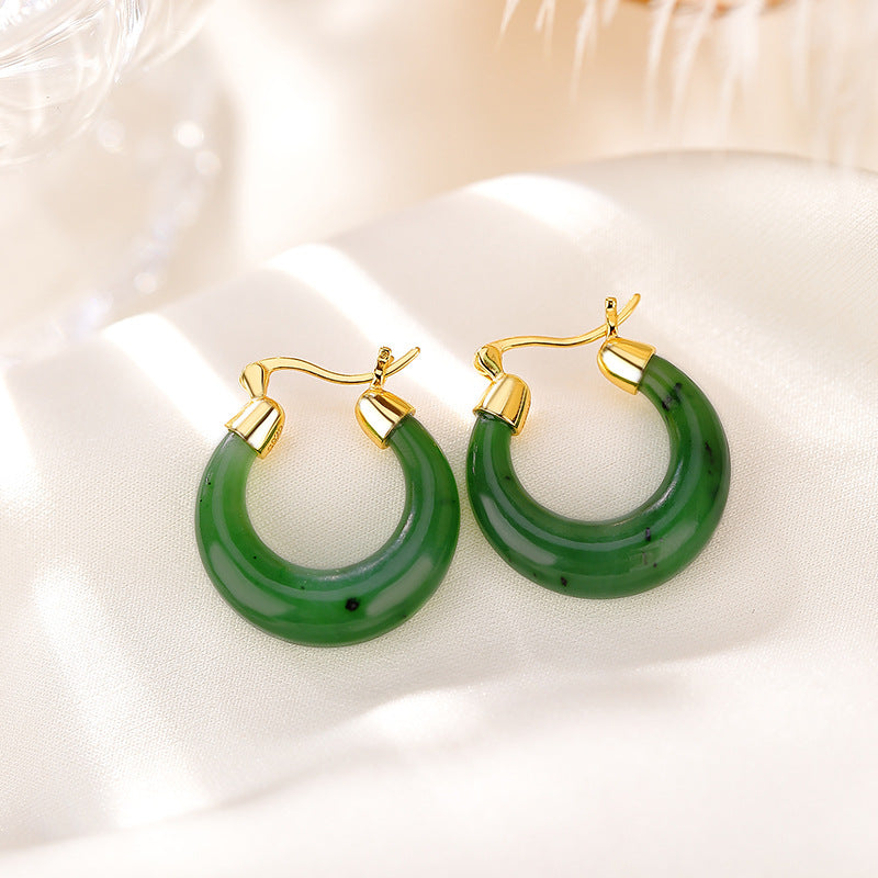 Sier Boucles d'oreilles coudées en forme de lune plaquées or sterling vert jade