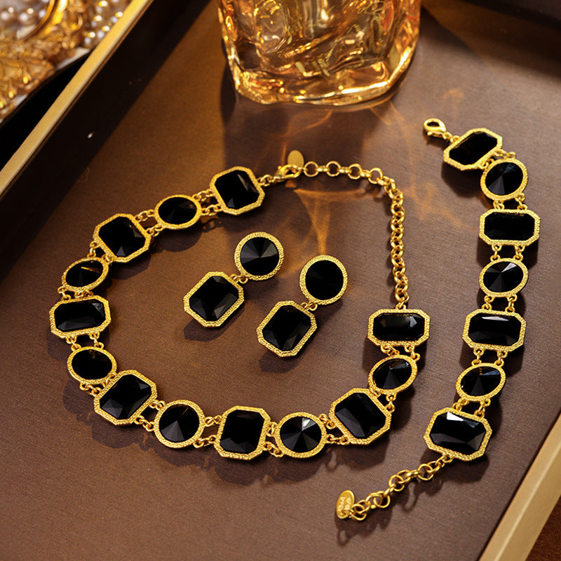 Black Agate Geometric Gem Retro Exaggerated Jewelry Set