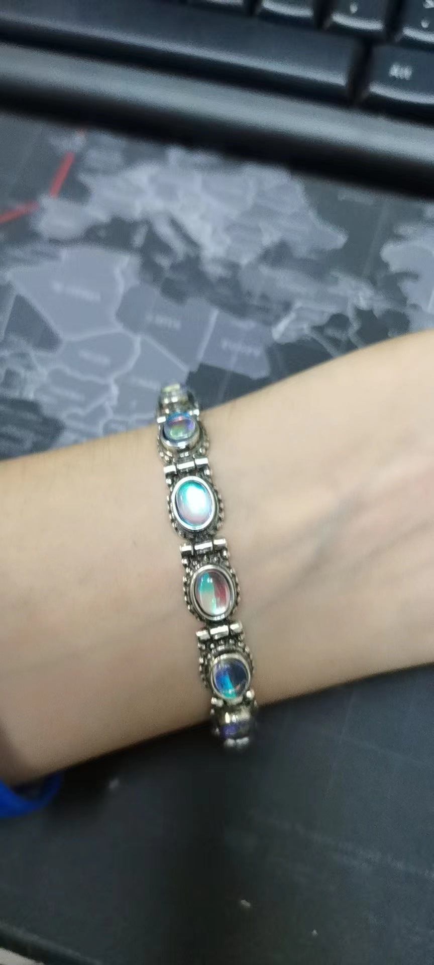 Nepal Handmade Sier Plated Opal Blue Moonstone Personality Retro Bracelet