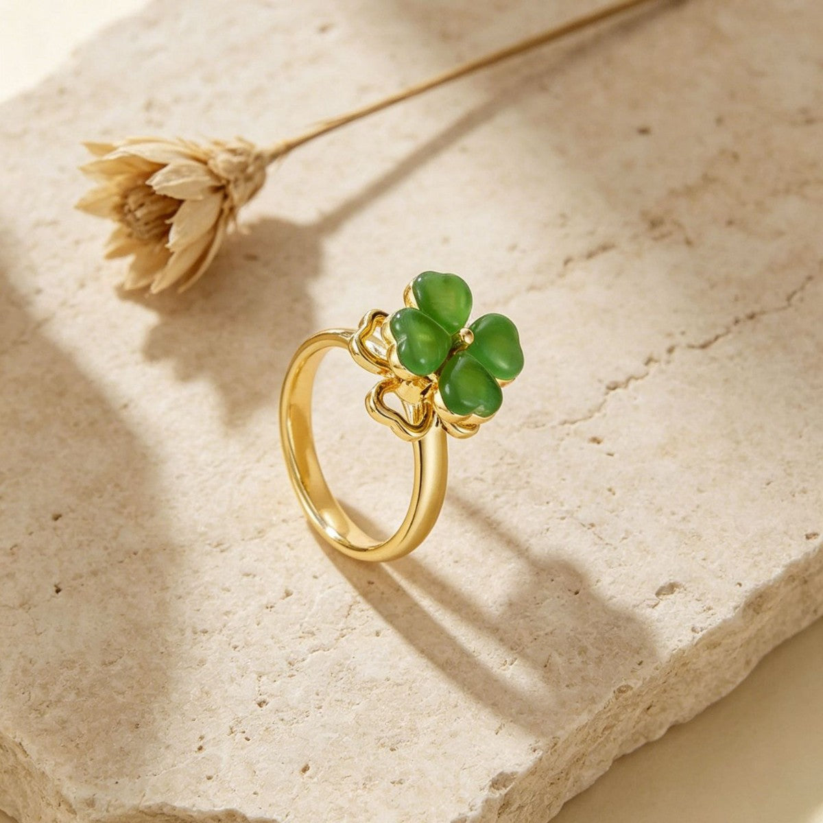 Korean Exquisite Rotatable Green Opal Four-leaf Clover Female Adjustable Ring