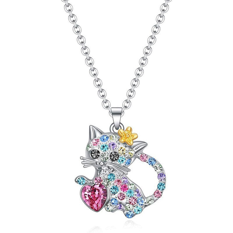 Colorful Cat Diamond Female Animal Cartoon Kitten Clavicle Necklace