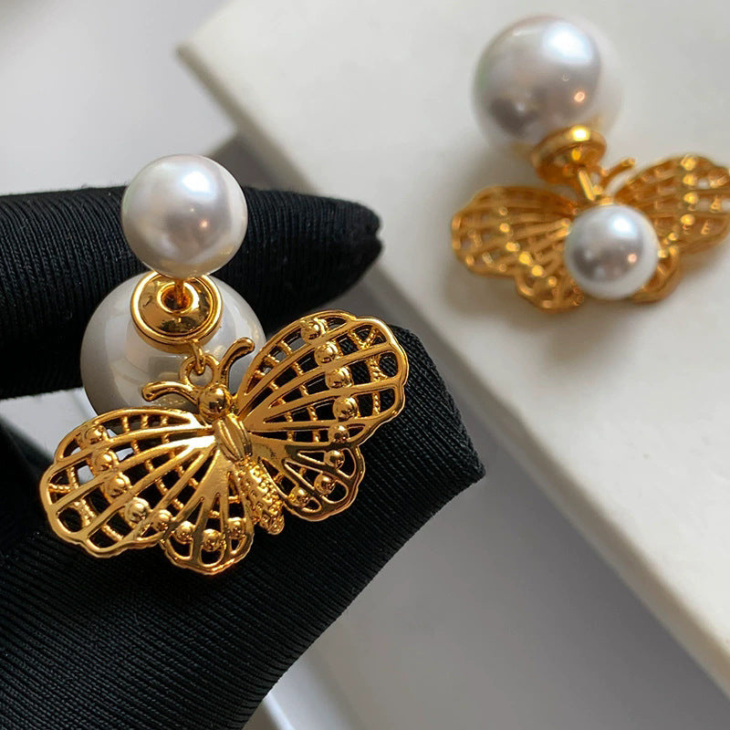 Women's Golden Butterfly Large Pearl Light Luxury Temperament High-grade Earrings