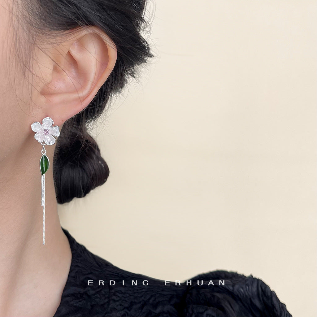 Zircon Glass Crystal Fresh Long Sweet Tassel Flowers Earrings