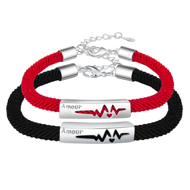 Wind Simple Ecg Woven Black And Red Rope Bracelets