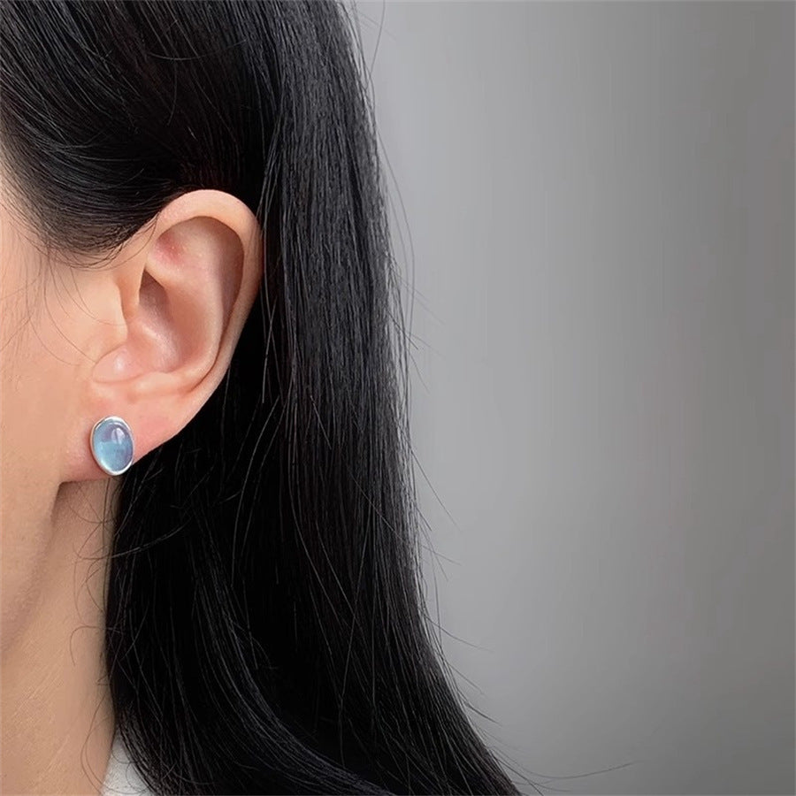 Women's Oval Aquamarine For Sterling Sier Temperamental Frosty Style Design Stud Earrings