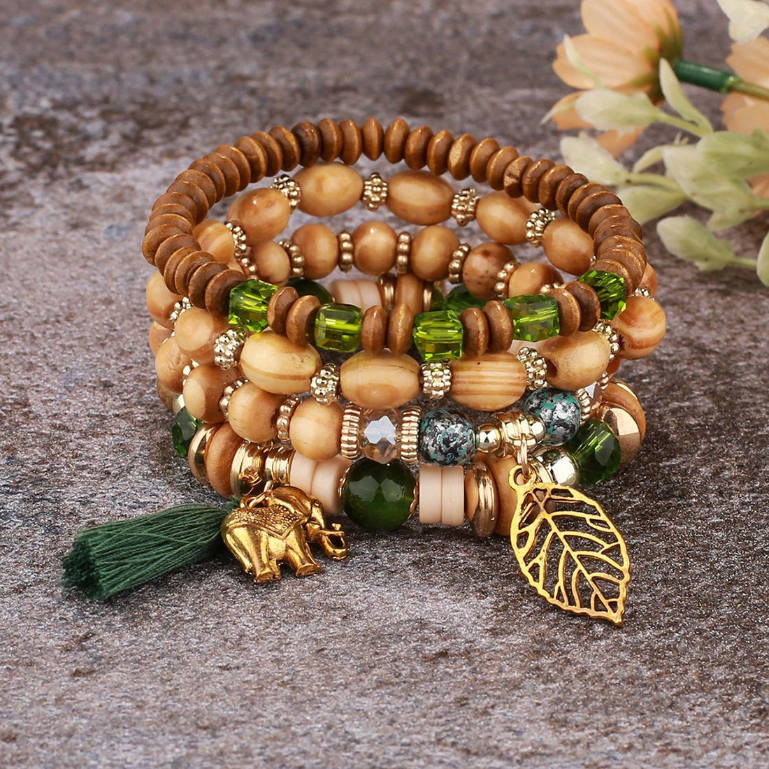 Bohemian Style Wooden Bead Beaded Elastic Elephant Bracelets